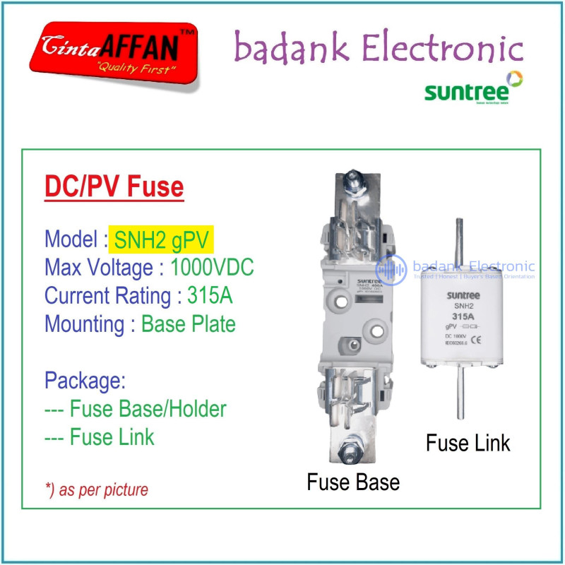 315A - SUNTREE SNH2 gPV 1P 1000V DC Fuse Base/Holder  Fuse Link PV